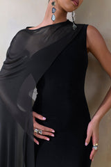 Caloria | Black Asymmetric-Neck Midi Dress With Mesh-Cape