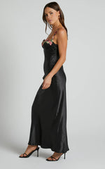 Harmony Maxi Dress - Floral Detail Cup Bust Satin Dress in Black