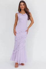 Sangria Cowl Neck Frill Maxi Dress Lilac
