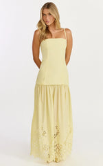 Everly Maxi Dress - Straight Neck Broderie Cut Out Hem Dress in Lemon