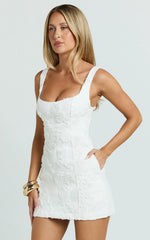 Tara Mini Dress - Embroidered Panel A Line Dress in White