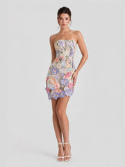 3D Floral Applique Strapless Mesh Mini Dress