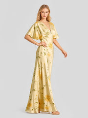 Floral Print Satin Plunge-Neck Maxi Dress