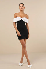 Extravagant Moment Black and White Off-the-Shoulder Mini Dress