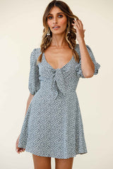 Portia Tied Bust Puff Sleeve Dress Floral Print White