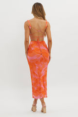 Dream Crush Lace-Up Back Side Split Maxi Dress Swirl Orange