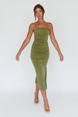 Mary Jane Gathered Bust Tie Back Midi Dress Olive