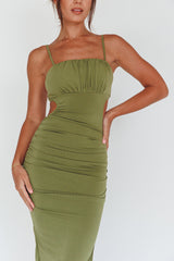 Mary Jane Gathered Bust Tie Back Midi Dress Olive