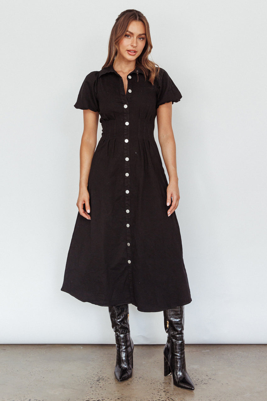 Zurich Pleated Waist Midi Dress Black