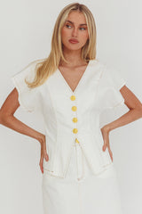 Over It Short Sleeve Button Top Cream