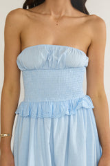 Lija Strapless Shirred Bodice Midi Dress Light Blue