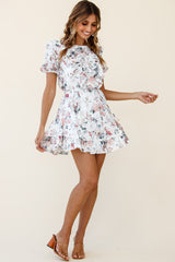 Finders Keepers Ruffle Trim Lace-Up Back Dress Floral Print White