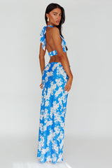 Manila Satin Maxi Skirt Blue Floral