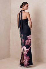 Palatial | Pink Border Print Halter-Neck Cowl Maxi Dress