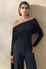 Elova | Black Bardot-Neck Jumpsuit With Sash