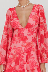 Veda Long Sleeve Floral Tiered Ruffle Maxi Dress Pink