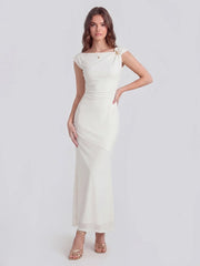 Asymmetric Sleeve Bodycon Gown with Knot-Shoulder Detail