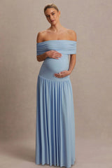 Juliette | Powder Blue Bardot-Neck Maternity Maxi Dress With Drop-Waist