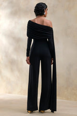 Elova | Black Bardot-Neck Jumpsuit With Sash