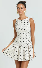 Brooke Mini Dress - Boat Neck Drop Waist Dress in Cream Polka Dot