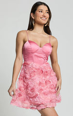 Jovi Mini Dress - Sweetheart Embroidery Rosette Detail Dress in Pink
