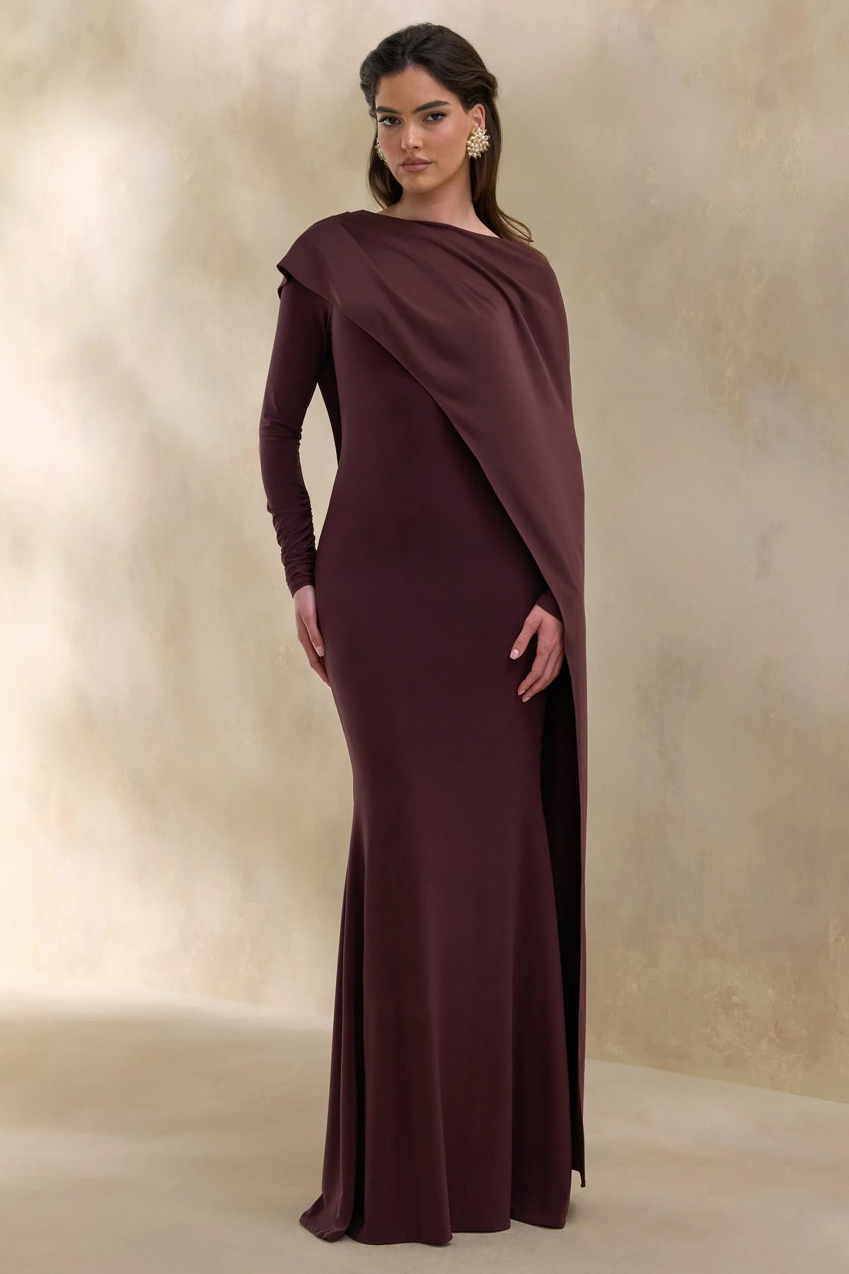 Salenne | Brown Wide-Neck Maxi Dress With Satin Asymmetric-Cape