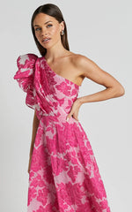 Alfreda Midi Dress - One Shoulder Ruffle Detail Brailey Jacquard Dress in Pink