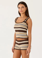 Helia Knit Top - Chocolate Olive Stripe