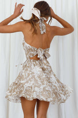Ascot Halter Neck Tie Back Dress Beige