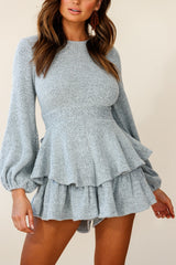 Talk About It Balloon Sleeve Open Back Knit Romper Grey